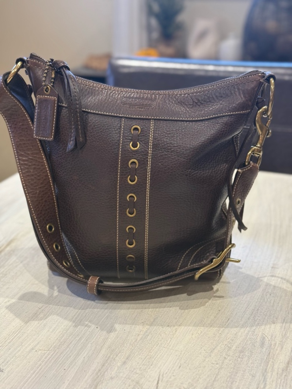Coach Bleeker Dark Brown Pebbled Leather Messenger/Bucket Bag with Brass